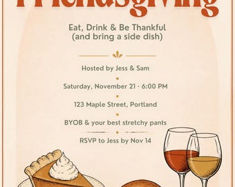 Paquete de plantillas de invitación para Friendsgiving, invitación editable en Canva, tarjeta de menú y invitación electrónica para teléfono, descarga imprimible divertida para fiestas de Acción de Gracias