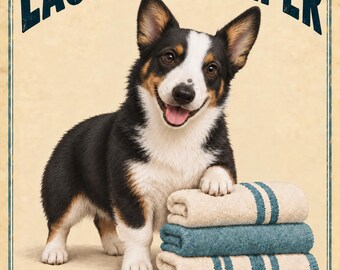 Pequeño ayudante de lavandería: Corgi vaquero negro y marrón para la lavandería, lámina imprimible de 8x10 pulgadas, 3 versiones.