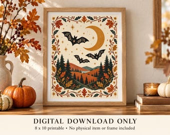 Lámina decorativa imprimible de murciélago de Halloween, arte popular escandinavo, descarga digital de 8x10 pulgadas.