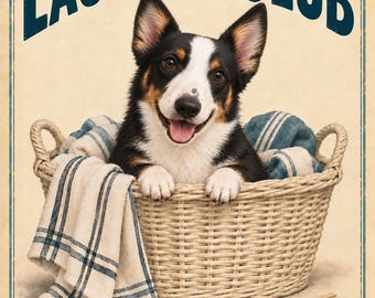 Laundry Club - Lámina decorativa para lavandería con diseño de Corgi vaquero negro y marrón, tamaño 8x10 pulgadas (imprimible), 3 versiones.