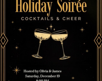 Holiday Soiree Invitation Template Bundle, Black and Gold Editable Canva Christmas Invite, Cocktail Menu & Phone Evite, Elegant Download