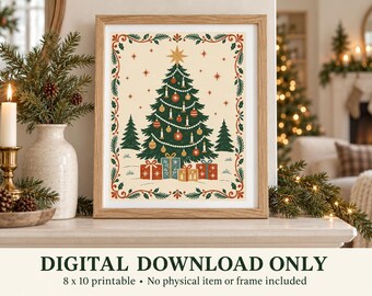 Lámina decorativa imprimible de árbol de Navidad, arte popular escandinavo, descarga digital de 8x10 pulgadas.
