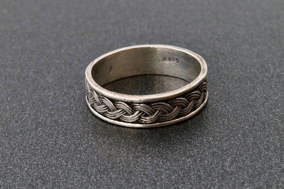 Sterling silver solid stripe ring with weave patt… - image 2