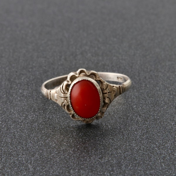 Small sterling silver coral ring, Red coral ring, Thin ring, Vintage silver ring for girl, Sterling silver  jewelry for women