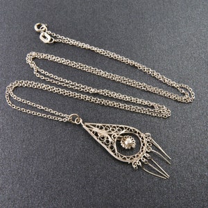 Openwork filigree sterling silver necklace, Filigree teardrop pendant, Handmade necklace, Thin flower silver necklace
