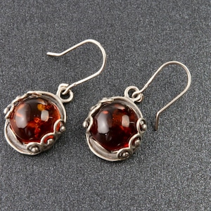 Amber sterling silver earrings, Dangle round earrings, Handmade silver earrings natural Baltic amber