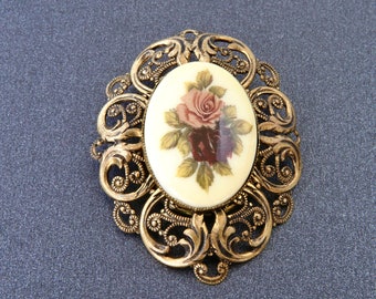 Vintage shawl clip, Ceramic floral print clip, Filigree clip, Floral shawl clip