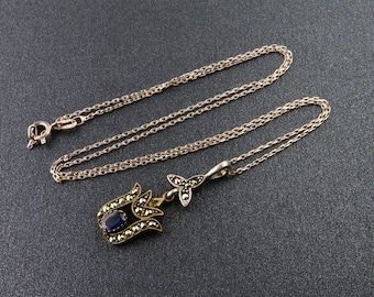 Sapphire necklace, Sterling silver necklace with sapphire, Small necklace with blue sapphire and marcasite, Vintage silver necklace