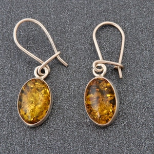 Sterling silver amber earrings, Oval hanging earrings green amber, Green earrings