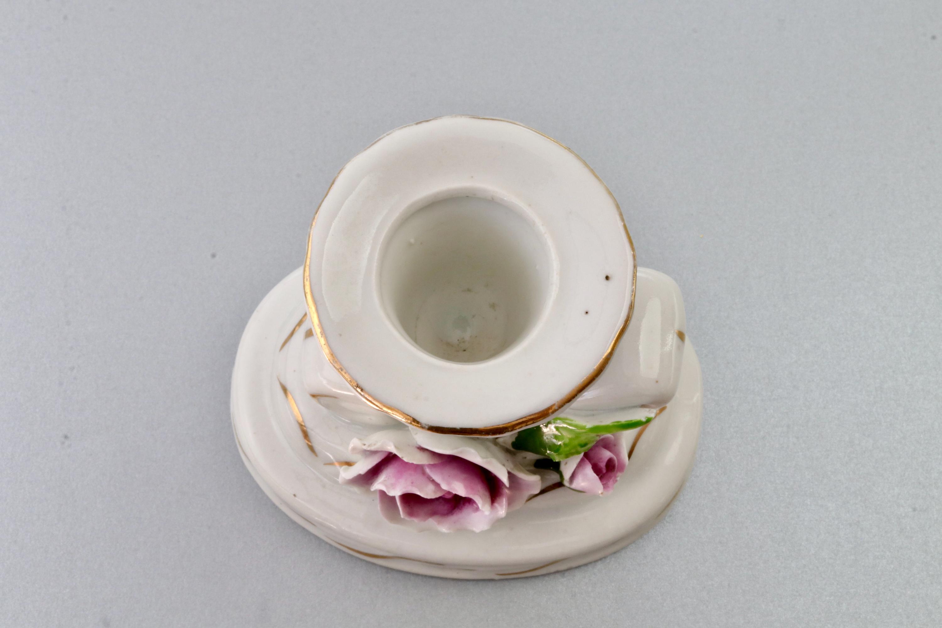 【美品】西ドイツ Dresden 陶磁器 バラ キャンドルスタンド ピンク 金彩 オーストリア PSL ハンドペイント 磁器製 ティーローズ 薔薇の