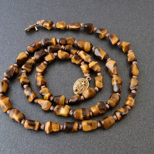 Antique silver necklace with tiger eye, Sterling silver clasp gold plated, Beads necklace natural tiger eye handmade