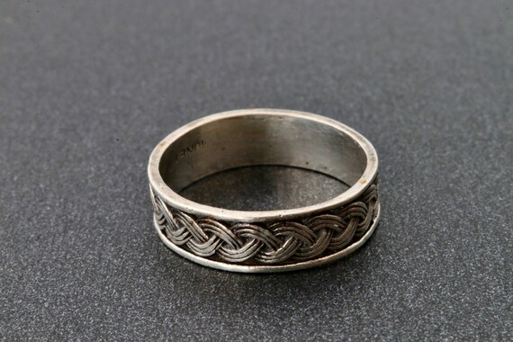 Sterling silver solid stripe ring with weave patt… - image 3