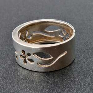 Floral carved pattern sterling silver stripe ring, Holes wide silver band, Floral silver ring