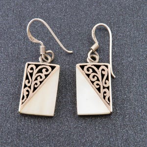 Sterling silver earrings mother of pearl, Floral filigree earrings, Dangle white earrings, Handmade silver earrings