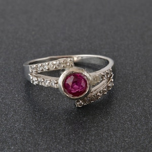 Sterling silver ruby ring, Red ruby and white rhinestones ring, Thin silver ring