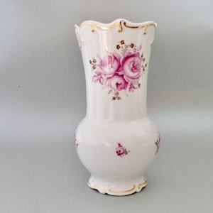 Vintage Weimar porcelain flower vase, Vase pink flowers and gold painting