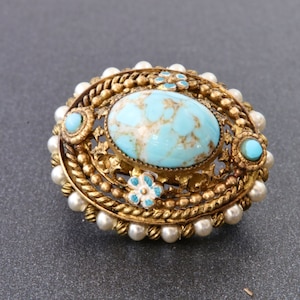 Antique Czech brooch blue Peking glass, Small costume brooch turquoise and pearls, Vintage Bohemian jewelry