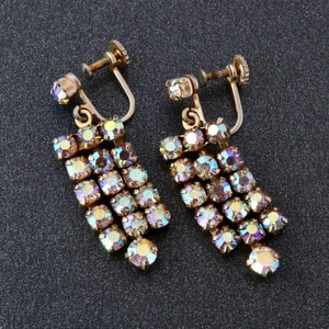 Vintage Czech earrings with rainbow rhinestones, Long dangling earrings twisting screws, Earrings with rhinestones aurora borealis