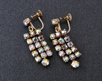 Vintage Czech earrings with rainbow rhinestones, Long dangling earrings twisting screws, Earrings with rhinestones aurora borealis