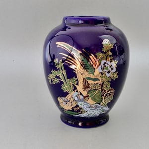Jarrón vintage de faisán azul cobalto, jarrón de porcelana japonesa con pintura dorada.