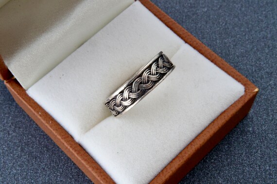 Sterling silver solid stripe ring with weave patt… - image 8