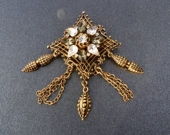 Gold brooch with white rhinestones, Filigree brooch with pendants and chains, Vintage Czech brooch, Bohemian jewelry