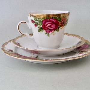 Vintage porcelain teacup and saucer set Royal Winterling Marktleuthen Bavaria with pink and orange roses, Gold plated finish