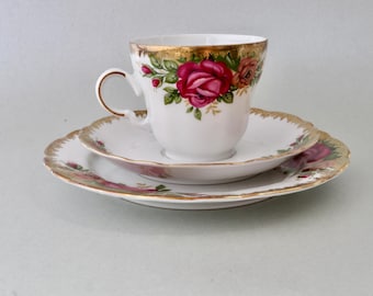 Set di tazze da tè e piattini in porcellana vintage Royal Winterling Marktleuthen Bavaria con rose rosa e arancioni, finitura placcata oro