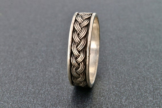Sterling silver solid stripe ring with weave patt… - image 1