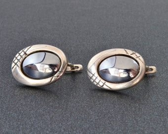 Sterling silver hematite earrings, Black oval earrings, Vintage silver earrings with black hematite