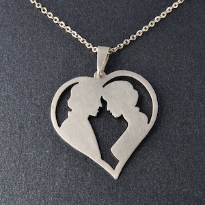 Heart sterling silver pendant, Silver necklace silhouette of couple in love, Gift for lovers, Large silver heart