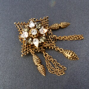 Gold tone brooch white rhinestones, Filigree brooch with pendants and chains, Vintage Czech brooch, Bohemian costume jewelry
