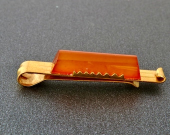 Amber tie clip, Soviet tie clip gold plated, Vintage honey amber tie clip, Gold tone tie clip unisex