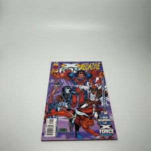 May include: A comic book cover featuring a group of superheroes, including a red and blue character with a feathered helmet, a woman with blue skin and a black suit, and a man with a white suit and a sword. The cover is purple and features the text "X-Men Magazine" and "A new beginning for X-Force".