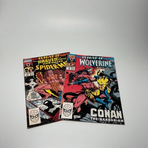 May include: Two vintage Marvel comic books. One features Spider-Man with the text "What If... Kraven the Hunter Had Killed Spider-Man." The other comic book features Wolverine and Conan the Barbarian.