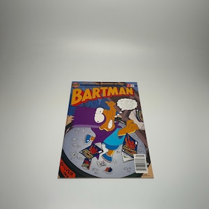 May include: A Bartman comic book issue number 1 featuring a yellow character with a purple cape and mask standing in a large silver pot. The cover text reads Bartman, Archenemy of Evil, and includes a speech bubble saying, Aye Carumba!