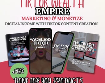 Könnte beinhalten: Ein digitales Produktpaket mit dem Titel TikTok Wealth Empire Marketing & Monetize, bestehend aus zwei Smartphones mit einem Faceless TikTok-Guide und Content-Planer sowie zwei Leitfäden zu Hooks und Marketing.