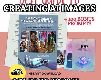 Può includere: Una guida digitale intitolata BEST GUIDE TO CREATING AI IMAGES con una mano robotica, otto ritratti di personaggi generati dall'IA e un libretto secondario 100 CREATED AI IMAGE PROMPTS. Il testo include +100 BONUS PROMPTS e +MRR INSTANT DOWNLOAD.