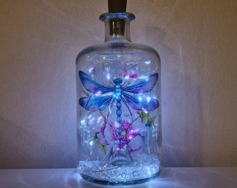 Dragonfly bottle lamp, Unique floral Dragonfly gift.