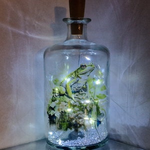 May include: A clear glass bottle with a cork stopper, containing a green frog figurine and white fairy lights. The frog is sitting on a bed of green moss and white glitter.