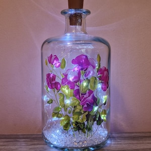 Birth month flowers bottle lamp. Sweet Pea gift for April birthdays. Unique floral birthday gift. Floral home decor lamp.