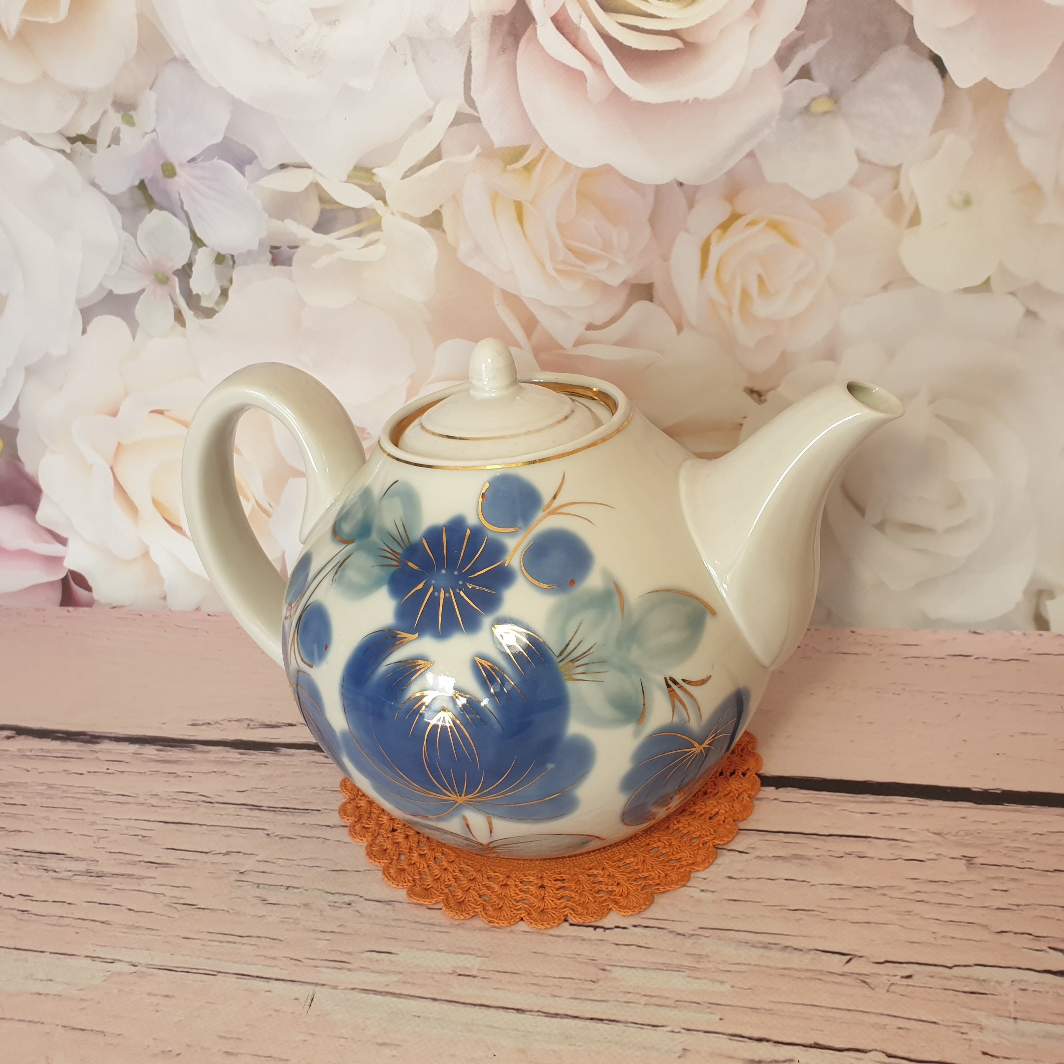 Large porcelain teapot with blue flowers USSR. Vintage rarity Etsy