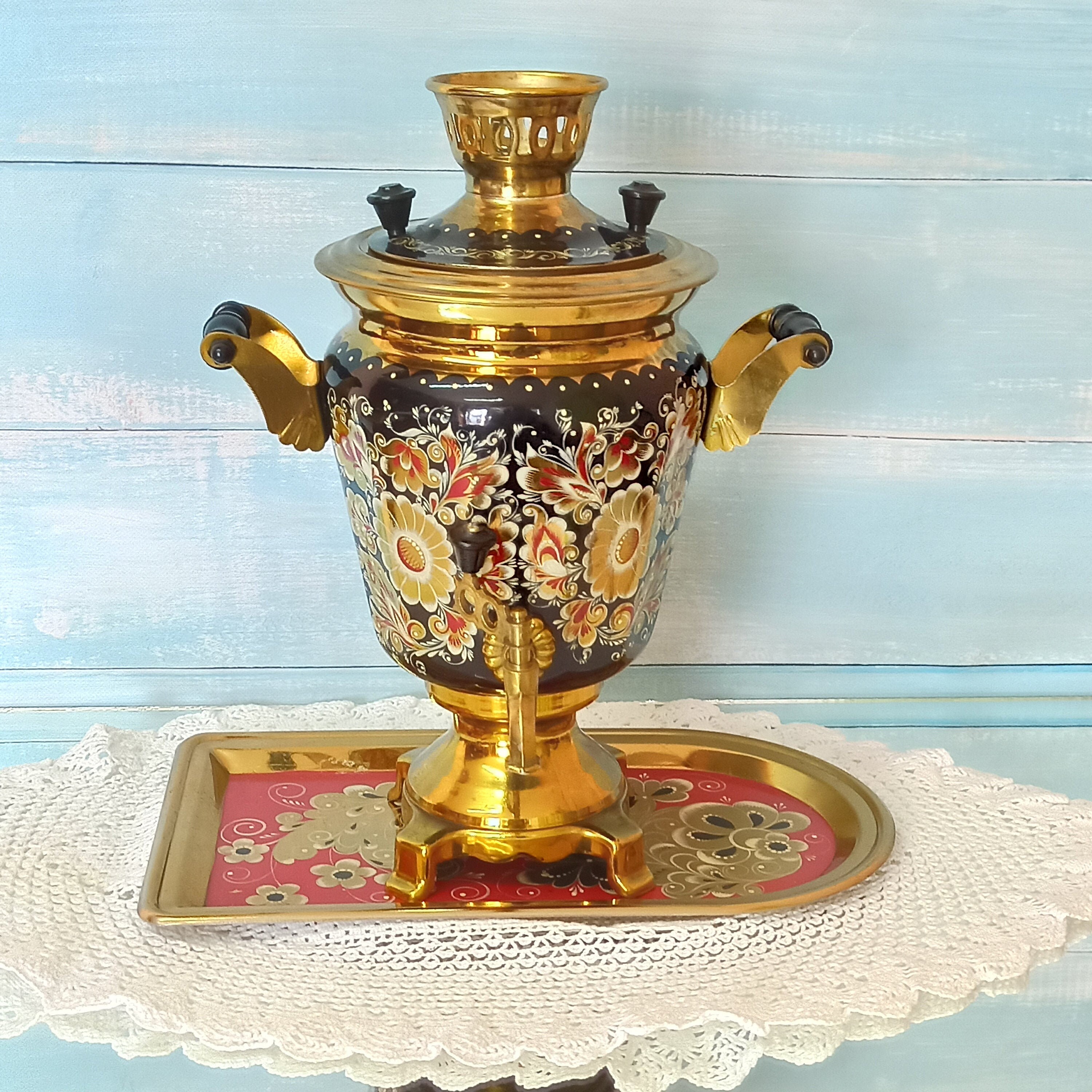Russian Traditional Samovar with a tray Khokhloma Etsy
