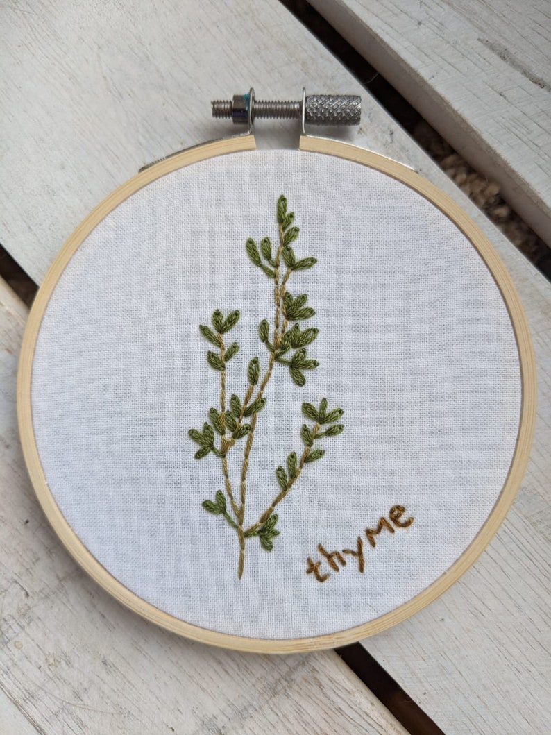 Botanical embroidery, Thyme herbal embroidery hoop