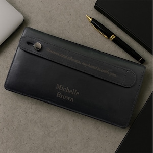 Gepersonaliseerde cadeaus voor haar | Volnerf lederen zwarte portemonnee met grote inhoud en telefoonhouder met handvat | Magneetsluiting: