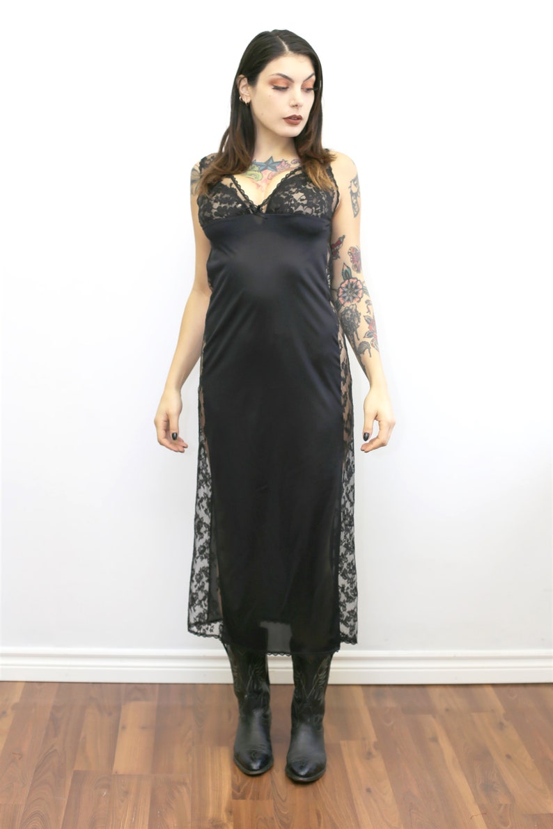 1970s Vintage Black Lace Cut-Out Slip