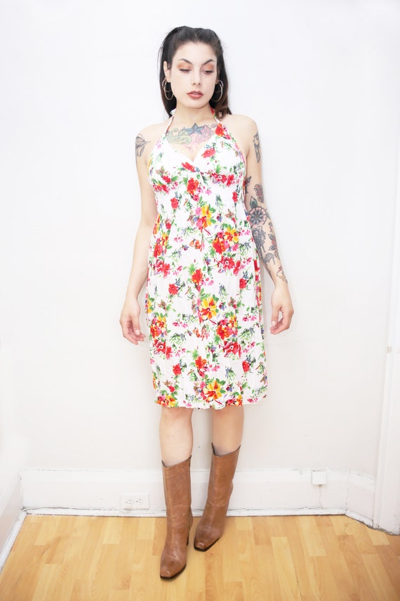 1980s Vintage - White & Floral Halter Dress - image 1