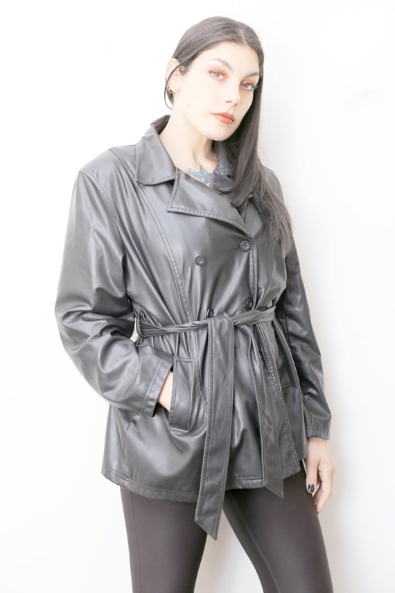 1990s Vintage - Black Vinyl Belted Trench Coat