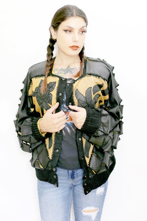 1990s Vintage - Leather Patchwork Cardigan Sweater