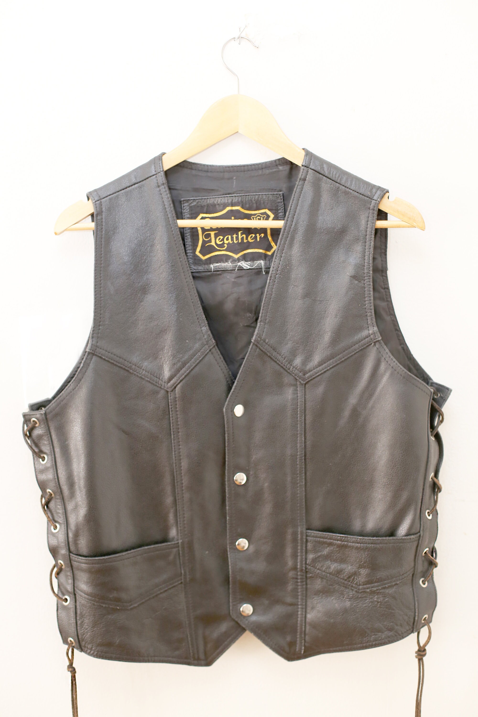 Vintage Black Leather Lace-Up Vest | Etsy